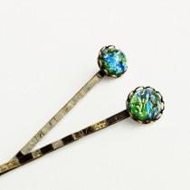 wedding photo - Green Opal Hair Pins Vintage Iridescent Glass Bobby Pins Emerald Green Crystal Hairpins Fire Opal