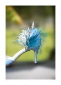 wedding photo - Something Blue Shoe Clips. Turquoise Peacock Feather & Rhinestone Gem. Ivory Rose. Wedding Bride Bridal Bridesmaid Gift, Statement Edgy Bold