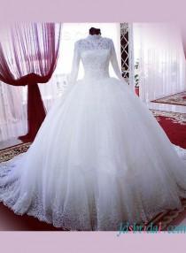wedding photo -  Modest high neck long sleeves lace ball gown wedding dress