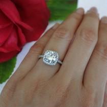 wedding photo - New! 2.25 ctw Classic Square Halo Engagement Ring, Man Made Diamond Simulant, Half Eternity Band, Halo Ring, Wedding Ring, Sterling Silver