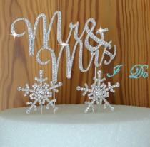 wedding photo - Winter Wedding cake Topper in Crystal rhinestones Mr & Mrs in silver Snow Flakes cake decoration PLUS I DO shoe sticker