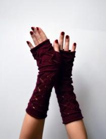 wedding photo - Dark Red Lace Knit Fingerless Gloves - Lace Fingerless Gloves - Knit Lace Gloves - Feminine Fingerless - Christmas Gift nO 150