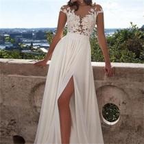 wedding photo - Long A-Line White Lace Prom Dress With Appliques, Side Slit Sexy Wedding Party Dress, WD0124
