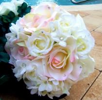 wedding photo - White Rose Bouquet-Real Touch Wedding Bouquet  Blush Pink Wedding Bouquet Garden Bouquet Boutonniere White and Blush Pink Wedding Bouquet
