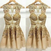 wedding photo - Sexy Short Tulle Prom Dress With Gold Swirls from Dressywomen