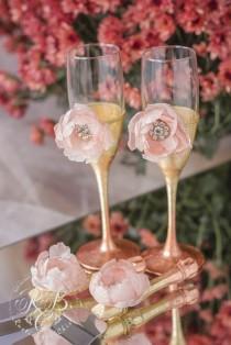 wedding photo - Bronze & gold wedding, champagne flutes and cake server and knife, blush pink flowers, toasting glasses, cottage, country, barn, 4 pcs