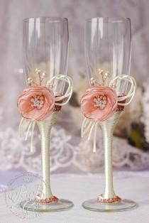 wedding photo - Flower wedding, blush pink & ivory, toasting glasses, bride and groom, rustic champagne flutes, barn wedding, cottage chic, bride gift, 2pcs