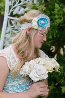 wedding photo - Teal -Ivory -Rhinestone - Bridal Hairpiece-Wedding Garter- Aqua - Turqouise - Satin Rosette