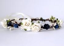 wedding photo - Navy floral crown, ivory and blue flower girl floral crown, boho wedding, beach wedding, bridal floral crown, destination wedding