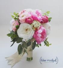 wedding photo - Large Peony Bouquet with Garden Roses and Ranunculus in Pink and Cream with Greenery, Boho Bouquet, Bridal Bouquet, Silk Bouquet
