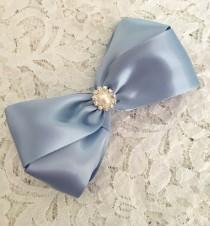 wedding photo - Pageant Hair Bow, 5" Double Satin Hair Bow in Wisteria Blue, Girls Hair Bow with Sparkle, Flower Girl, Christening, Baptism, Quinceanera