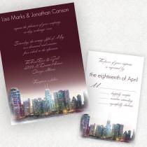 wedding photo - Penthouse Dreams, Chicago skyline wedding invitations from watercolor, urban chic with stylish typography. Custom wording and colors, ombre