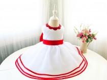 wedding photo - White lower Girl Dress with Red Sash, Sleeveless Baby Girl Pageant Dress, Infant Easter Dress, Toddler Girl Birthday Dress,  PD103-2