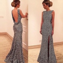 wedding photo - Sexy Floor Length Prom Gown - Dark Silver Backless Scoop Sequins with Split Side from Dressywomen