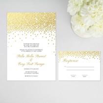 wedding photo - Faux Gold Foil Confetti Dots Elegant Wedding Invitation and RSVP, Response Card 