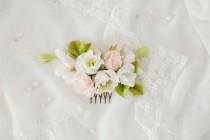 wedding photo - Wedding flower comb Ivory white flower Bridal rose hair comb Pearl Natural looking Cold porcelain  champagne