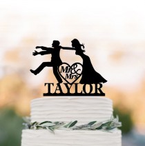 wedding photo -  Personalized Wedding Cake topper funny, mr and mrs Bride and groom silhouette with custom name