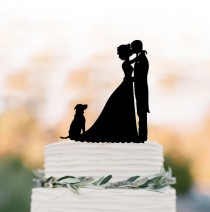 wedding photo -  groom kissing bride silhouette Wedding Cake topper with dog, funny wedding cake decor people figurine silver and gold mirror available