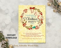 wedding photo -  Printable Christmas Party Invitation Template - Wreath - Holiday Party Card - Christmas Card - Editable Template - Watercolor Gold DIY Stars
