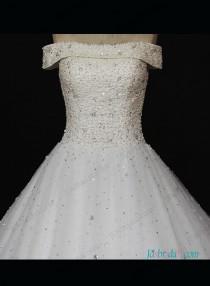 wedding photo -  Vintage pearls off shoulder tulle princess wedding gown