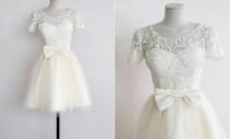 wedding photo - 50shouse_ 50s inspired retro feel lace top with short sleeves Tulle tea/Knee length wedding dress with bow_ custom make