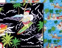 wedding photo - Christmas Hawaiian Fabric, Surfing Santa Claus, Tropical Kids Fabric, Blue, Black, Cotton, HCN9975/HCN9976, Ask for bulk