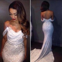 wedding photo -  Sexy V-neck Cap Sleeves Sequined With Flowers White Mermaid Prom Dress Sweep Train from Dressywomen