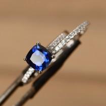 wedding photo - blue sapphire ring engagement sterling silver cushion sapphire ring