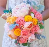 wedding photo - Soft summer peony bouquet in soft pink, green and a hint of orange