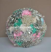 wedding photo - Brooch bouquet, Pink and Mint Silver Wedding Brooch bouquet, Ivory and Blue Broach Bouquet, Jeweled Bridal Bouquet, Rhinestone Bouquet