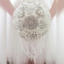 wedding photo - Pearl BROOCH BOUQUET. Full price Wedding cascading ivory pearl Brooch Bouquet by MemoryWedding