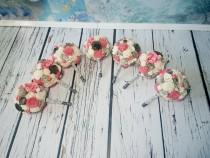 wedding photo - SET OF 4/5/6/7 Small ivory grey and coral wedding BOUQUETS sola Flowers, satin Handle, Flower girl, Bridesmaids, roses vintage custom toss