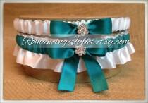 wedding photo - Satin Bridal Garter Set with Rhinestone Accents..1 to Keep 1 to Toss...MANY COLORS AVAILABLE... Shown in teal/white