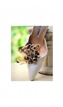wedding photo - Almond Shoe Clips. Natural Pheasant Fan & Pearl. Stunning Neutral Wedding, Glamour Bridal Bride Bridesmaid, Chocolate Brown Golden Unique
