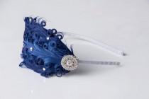 wedding photo - BIG SALE Adult Headband - Feather Headband - Navy and Silver - Crystal Headband - Nautical - Blue Bridesmaid - Christmas Gift Ideas - Tween