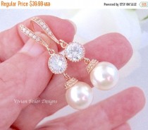 wedding photo - CHRISTMAS SALE ROSE Gold Pearl Earrings Bridal Wedding White or Ivory Pearl Cubic Zirconia Jewelry Bridal Pearl Earrings Prom