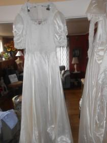 wedding photo - 008-Vintage 1980's Satin and Lace Wedding Gown with wonderful RUFFLES on the train- like billows or waves-