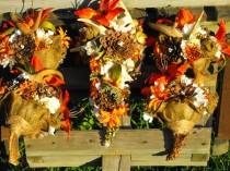 wedding photo - Antler shed wedding flowers with orange tiger lily ,pinecone roses and burlap flowers designed to compliment the camouflage wedding