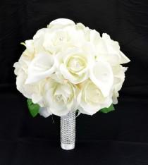 wedding photo - No. 4062 Silk Wedding Bouquet with Off White Roses and Callas, Artificial Flower Bouquet,  Wedding Bouquet, Bridesmaid Bouquet.