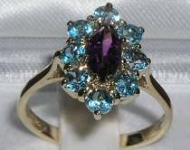 wedding photo - 9K Solid English Yellow Gold Marquise Cut Natural Amethyst & Blue Topaz Elegant Cluster Flower Ring -Made in England - Customizable