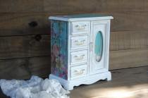 wedding photo - Shabby Chic Jewelry Box, Jewelry Armoire, White, Aqua, Decoupage, Hand Painted, Roses, Wood, Distressed, Rustic, Gift for Mom, Gift for Her