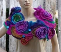wedding photo - Crochet Scarf  Roses Capelet Neck Warmer Freeform crochet Blue Green Purple Red rainbow Womens scarf, Freeform Crochet scarf/gift