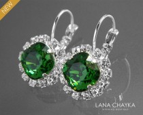 wedding photo - Green Crystal Halo Earrings Swarovski Dark Moss Rhinestone Earrings Green Silver Leverback Wedding Earrings Bridal Bridesmaid Green Jewelry