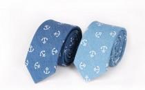 wedding photo - Anchor Necktie.Blue Denim Ties.Mens Ties.Skinny Ties with Anchor Patterns.Nautical Themed Wedding