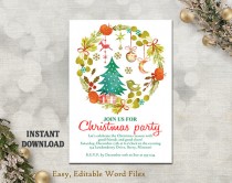 wedding photo -  Printable Christmas Party Invitation Template - Wreath - Holiday Party Card - Christmas Card - Editable Template - Watercolor DIY White Red