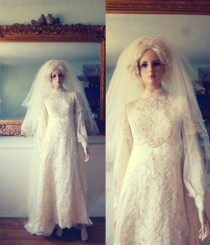 wedding photo - Romantic 1960's Edwardian Style Wedding Gown and Matching Cathedral Veil- Small