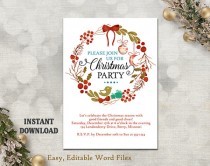 wedding photo -  Christmas Party Invitation Template - Printable Holly Wreath - Holiday Party Card - Christmas Card - Editable Template - Watercolor Red DIY
