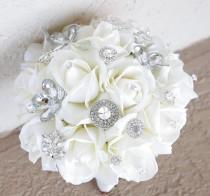 wedding photo - Silk Brooch Wedding Bouquet - Natural Touch Roses and Flower Brooch Jewel Bride Bouquet - Rhinestones