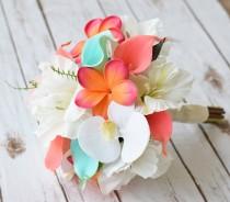 wedding photo - Wedding Off White Coral Orange and Turquoise Mintl Natural Touch Orchids, Callas, Plumerias and Hibiscus Silk Flower Bride Bouquet