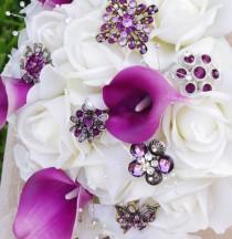 wedding photo - Brooch Wedding Off White Natural Touch Roses and Violet Callas Silk Flower Bride Bouquet